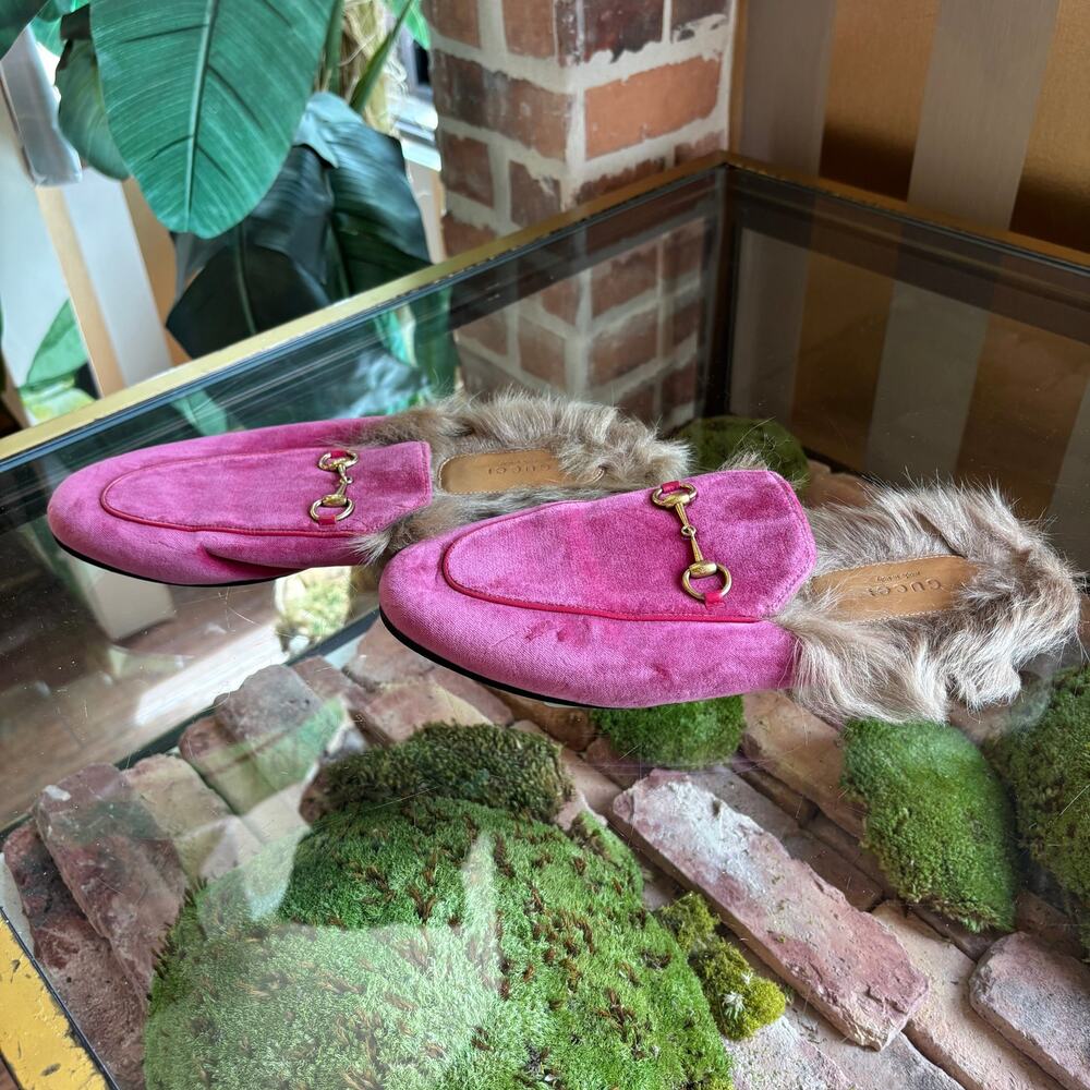 GUCCI Pink Velvet Horsebit Princetown Loafers 41 - Picture 3 of 6